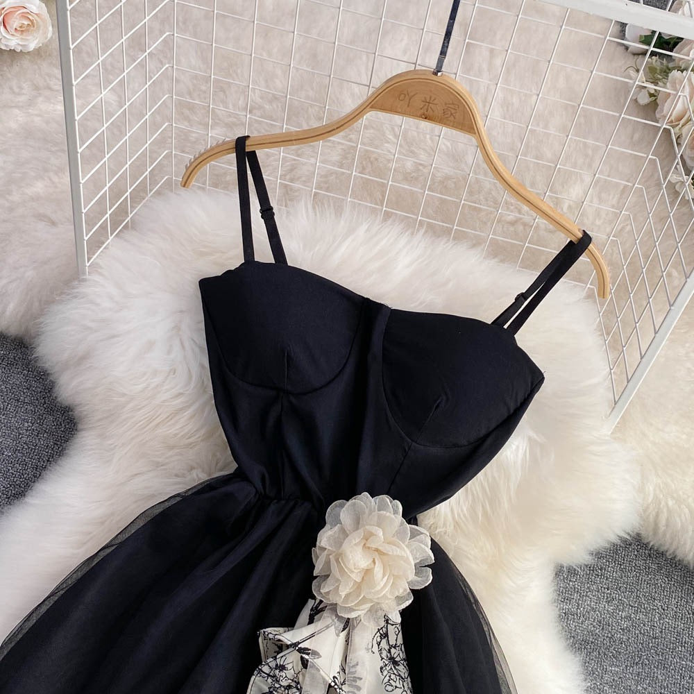 .Tube top suspender skirt summer retro temperament national style ink floral mosaic receiving waist thin A-line fluffy dress