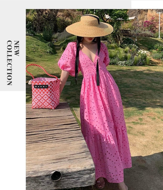 Retro Lace Heavy Industry Long French Embroidery Hollow V-neck Puff Sleeve Loose High Waist Swing Fishtail Dress