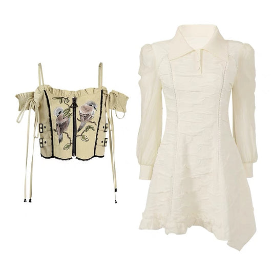 JZ Craftsman "Summer Solstice Feather" temperament dress 2022 new women's clothing design French short skirt two-piece set 1307