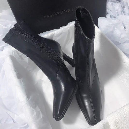 Senyu Haixiang Giant leg-length French high-heeled temperament Korean version of the solid color square head elastic thin and thin short boots