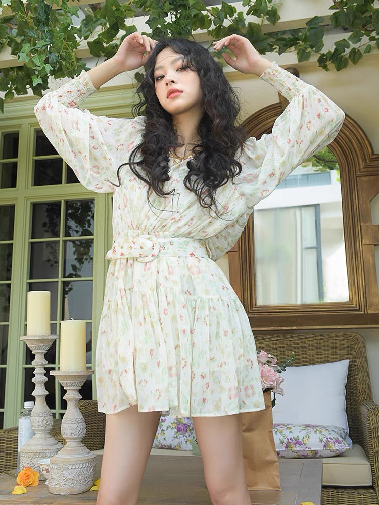 forevercan French hand-painted watercolor print top a-line skirt round neck long-sleeved fashion suit skirt 1677