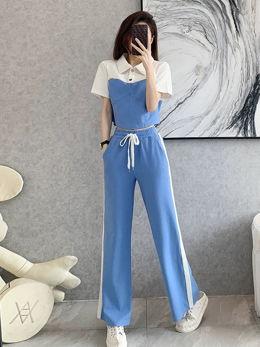 Fashionable temperament sports and leisure suit female summer 2022 new short-sleeved short style fashionable wide-leg pants two-piece set