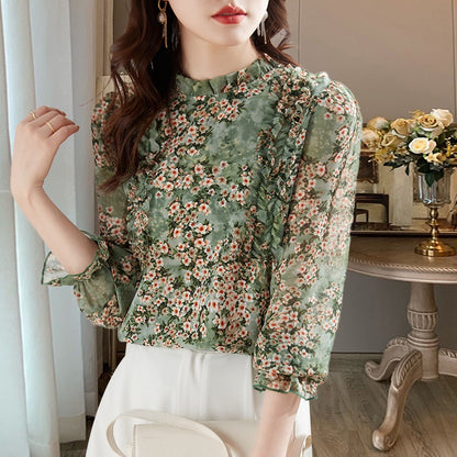 Summer floral chiffon shirt women 2023 spring and summer new beautiful small shirt women's high-end western style high-end tops