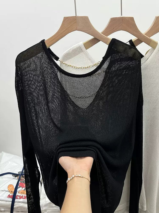 Unique, Western style, retro European goods, loose mid-length, thin section, sunscreen knitted blouse, high-end design sense