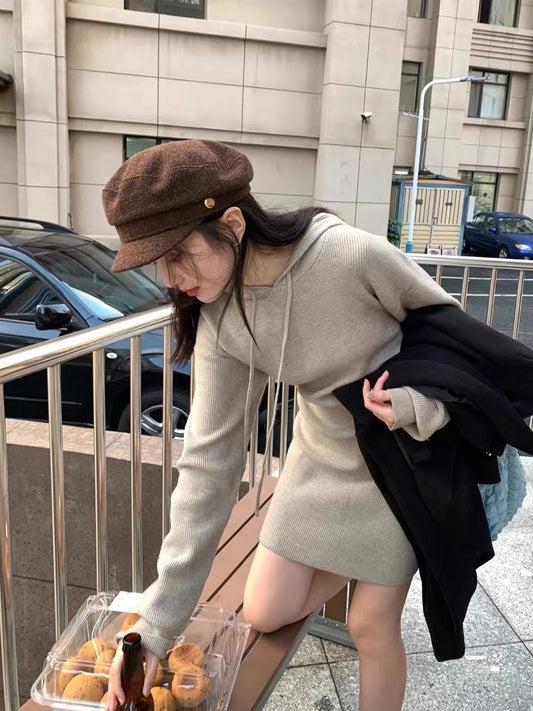 Xinbangbang homemade gentle wind casual hooded knitted sweater dress women's 2022 autumn new sweater dress