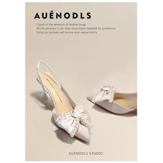 AUENODLS leather back empty white bow toe sandals women's French Xiuhe pointed toe stiletto wedding shoes