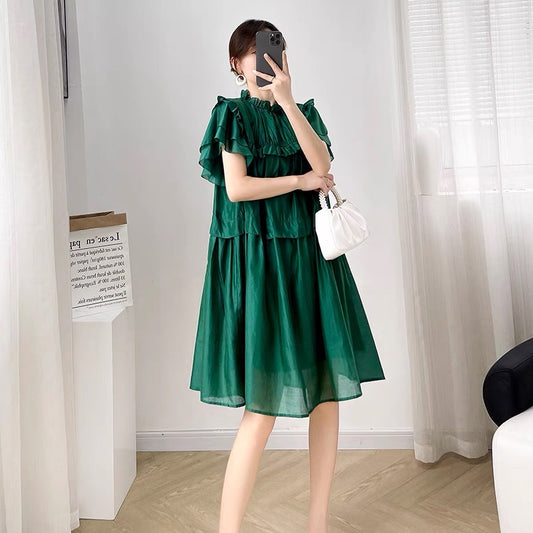2022 new women's summer solid color age-reducing design dress women's loose and thin ruffled temperament mid-length skirt
