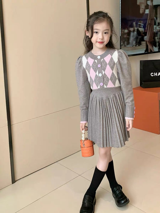 Original girls' children's clothing college style autumn and winter dress children's baby autumn clothing new Korean version pleated knitted skirt