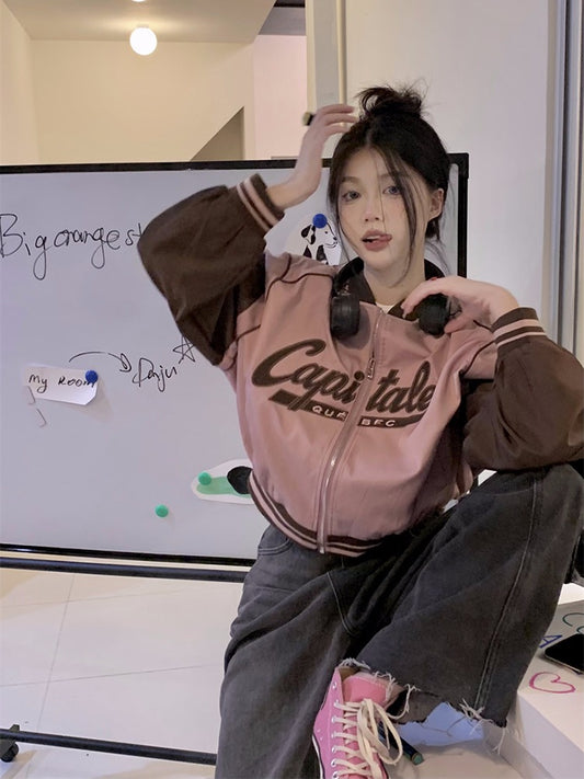 American retro contrast color short baseball uniform women's autumn ins tide letter wild jacket loose top coat
