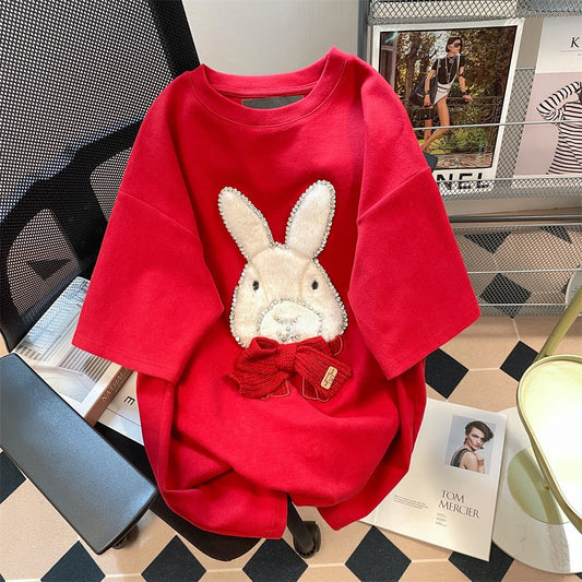 Japanese cute vintage heavy industry embroidery rabbit short-sleeved t-shirt female small man age-reducing western style bottoming shirt top
