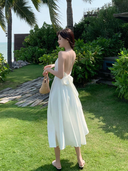 French retro satin sexy super fairy white sling dress seaside holiday style backless beach long skirt female summer
