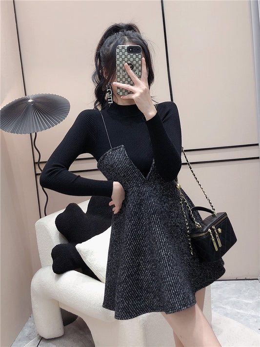 Girlish age-reducing winter suit skirt female half-high collar long-sleeved knitted sweater + high waist slimming A-line suspender dress