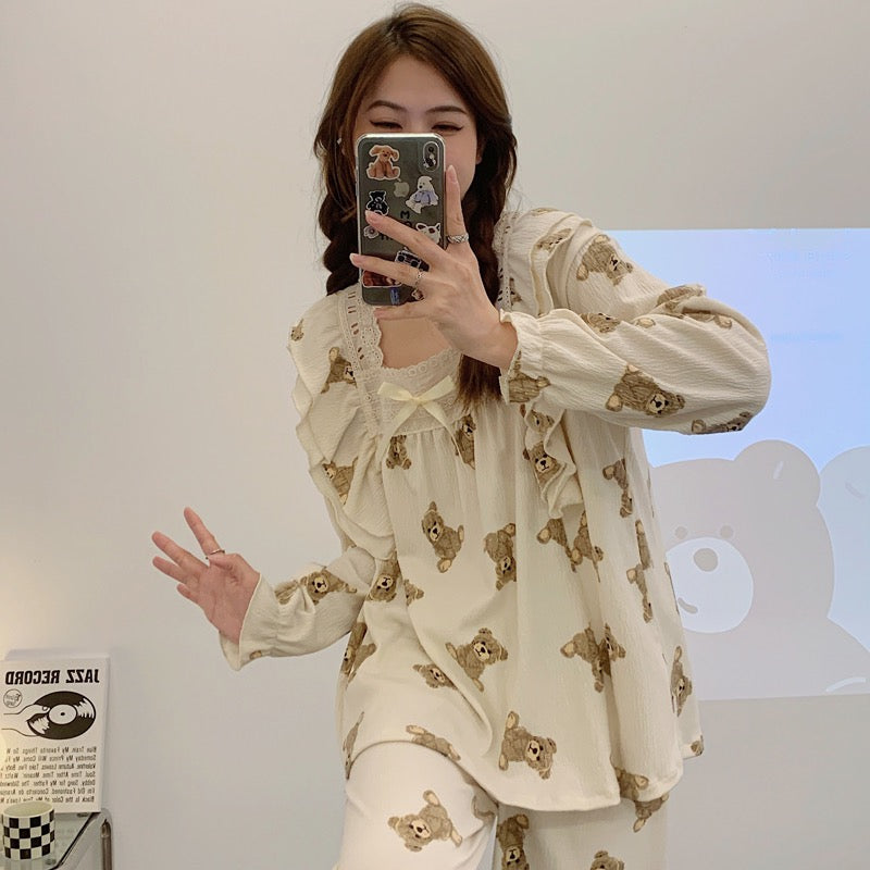 2022 new cartoon brown bear spring and autumn summer long-sleeved pajamas women's cotton gauze can wear princess wind suit