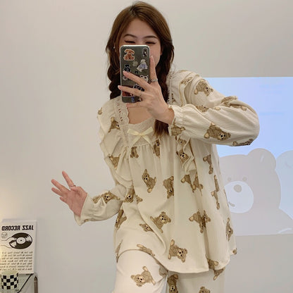 2022 new cartoon brown bear spring and autumn summer long-sleeved pajamas women's cotton gauze can wear princess wind suit