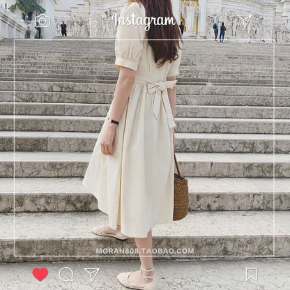 French-style long skirt waist slim temperament retro cotton and linen dress 2023 summer new platycodon skirt over the knee mid-length
