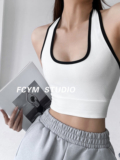 European and American color contrast halter neck halter camisole women's summer slim outerwear elastic sexy hot girl short crop top