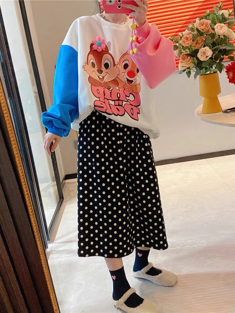 JENNIFER JXLIU Korea Dongdaemun autumn and winter cute little squirrel hit color sleeve cartoon print sweater