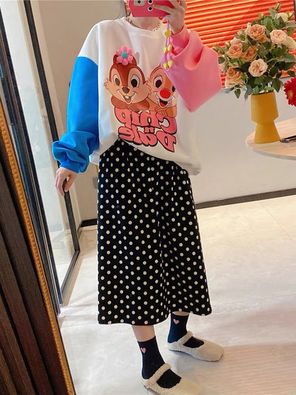 JENNIFER JXLIU Korea Dongdaemun autumn and winter cute little squirrel hit color sleeve cartoon print sweater