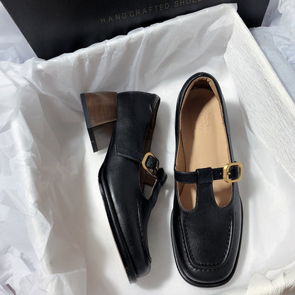 Senyu Haixiang French retro 2023 new leather single shoes literary retro chunky heel loafers square toe single shoes