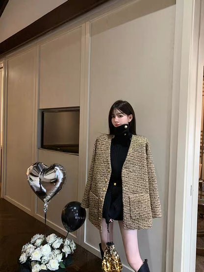 KKK STUDIO wool small fragrant wind heavy industry tweed woven wool coat women's winter new suit coat