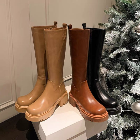 Xiaoxiangfeng brown knight boots long boots women are thin 2022 new small thick bottom camellia high boots