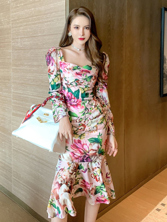Printed gentle wind mermaid dress 2023 new style foreign style age reduction show figure slim long-sleeved mermaid dress female 2019