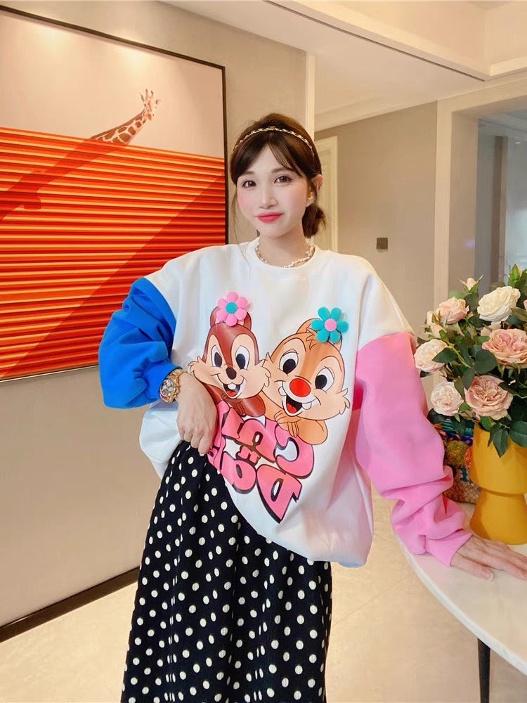 JENNIFER JXLIU Korea Dongdaemun autumn and winter cute little squirrel hit color sleeve cartoon print sweater
