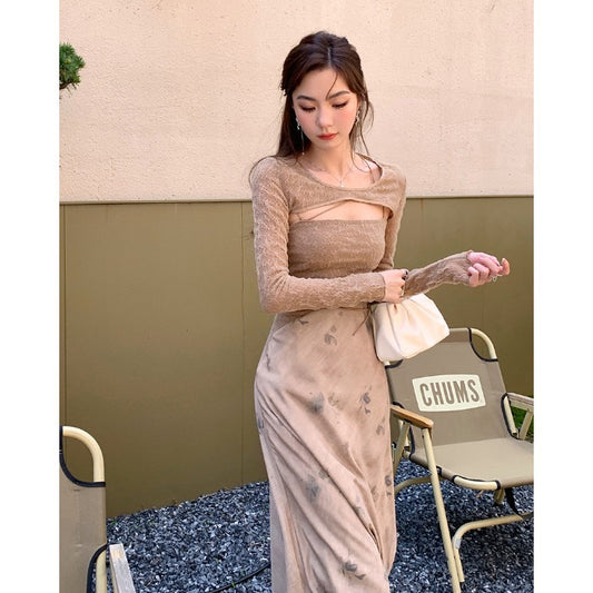 2022 summer new gentle temperament Chinese style ink floral long skirt female suspender dress blouse suit