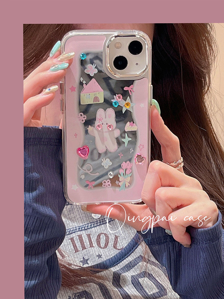 Light style suitable for Apple 14 mobile phone case new iphone13 girl stickers diamond rabbit mirror 12 girls 11 cartoon 14pm net red cute make-up mirror super hot all-inclusive anti-fall hard shell protective cover