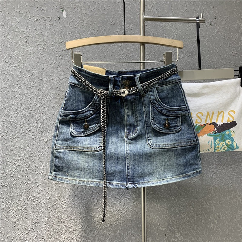 Tide brand 2023 spring new retro nostalgic blue denim bag hip skirt sexy high waist elastic a-line skirt