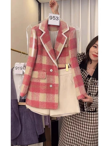 Winter 2022 new style small fragrance suit ladies autumn and winter thickening professional plaid suit jacket shorts two-piece set