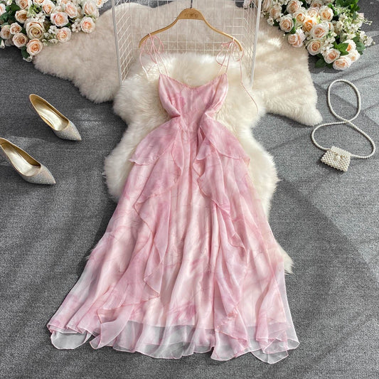First love floral sling dress women's summer high-quality French high waist slimming a-line ruffles long skirt