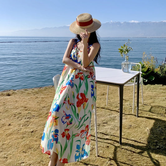 Seaside holiday beach skirt female summer 2022 new print suspender dress Sanya travel photo long skirt