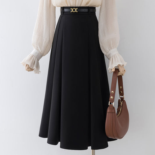 Black high waist a-line skirt women's autumn and winter small 2022 new pleated skirt commuting mid-length skirt