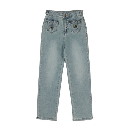 MUKOK retro blue nine-point jeans women's 2023 spring new small slim tall waist straight cigarette pipe pants