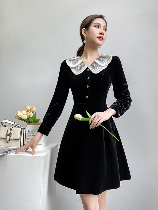 Temperament skirt women's new 2022 chic skirt little black dress slim ruffled long-sleeved gold velvet dress autumn