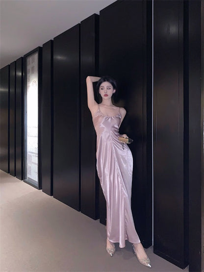 Sweet hot girl suspender dress female spring French pink sexy waist slimming thin a-line mid-length skirt