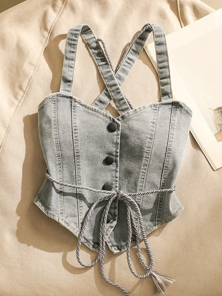 Spice Girls Cross Strap Denim Camisole Women's Inner Wear Sexy Summer Outerwear Design Short Tops