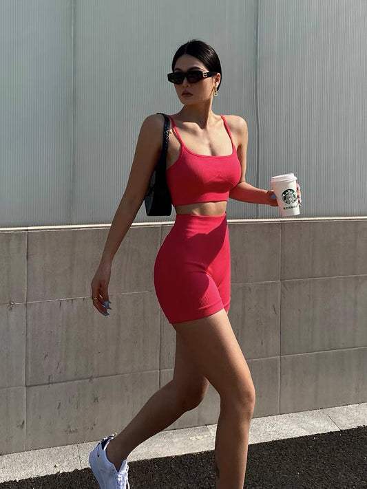 Well also leisure sports suit women's 2022 summer new suspenders shorts short yoga fitness clothes two-piece set