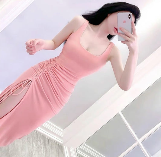 Mid-length stretch vest slit waist summer pink dress