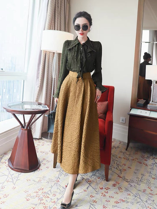 French light luxury retro autumn women's suit 2022 new ladies ruffled shirt skirt fashion two-piece set
