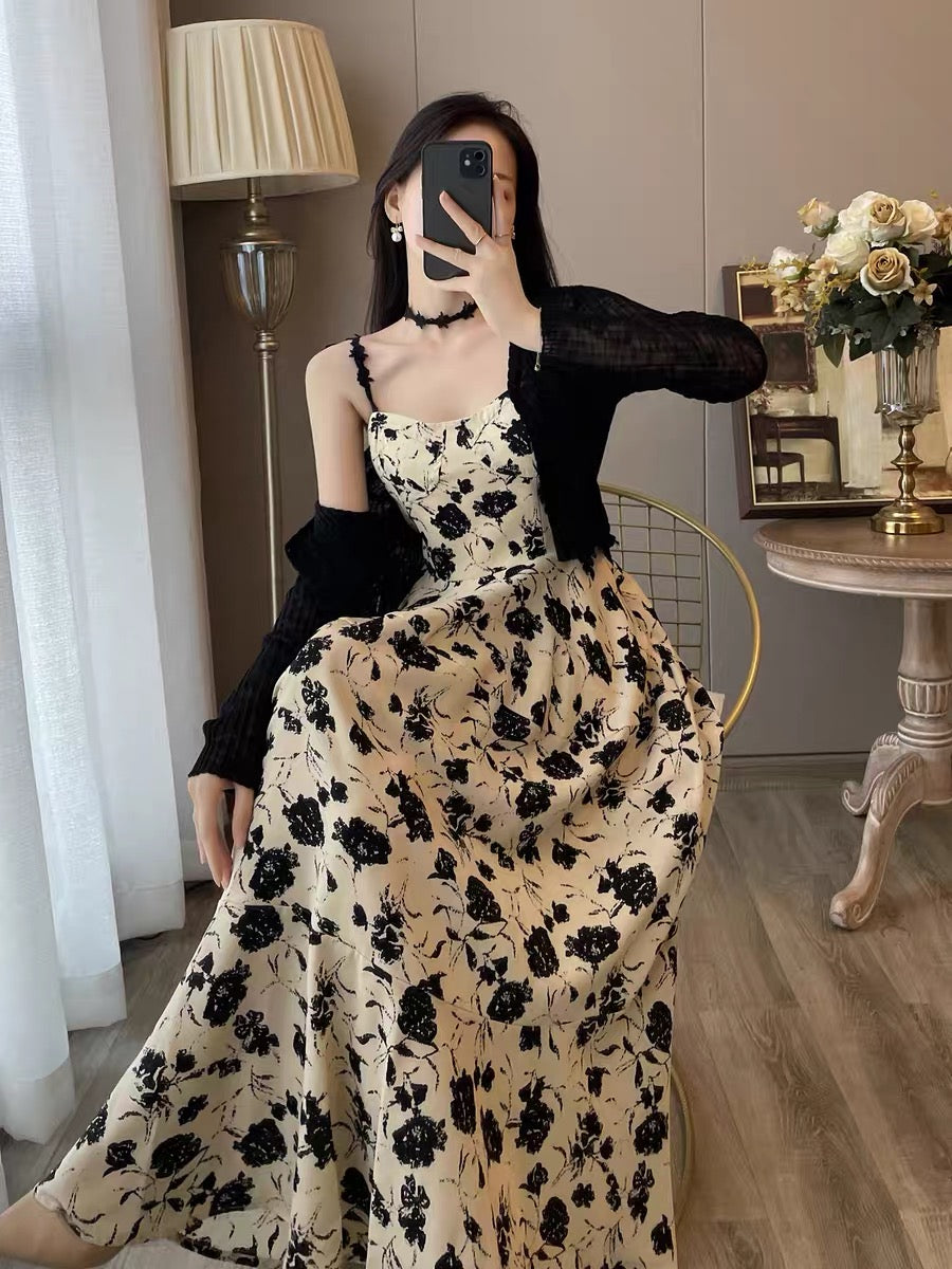 Floral suspender dress female 2022 summer new French retro Hepburn style high-end temperament two-piece suit