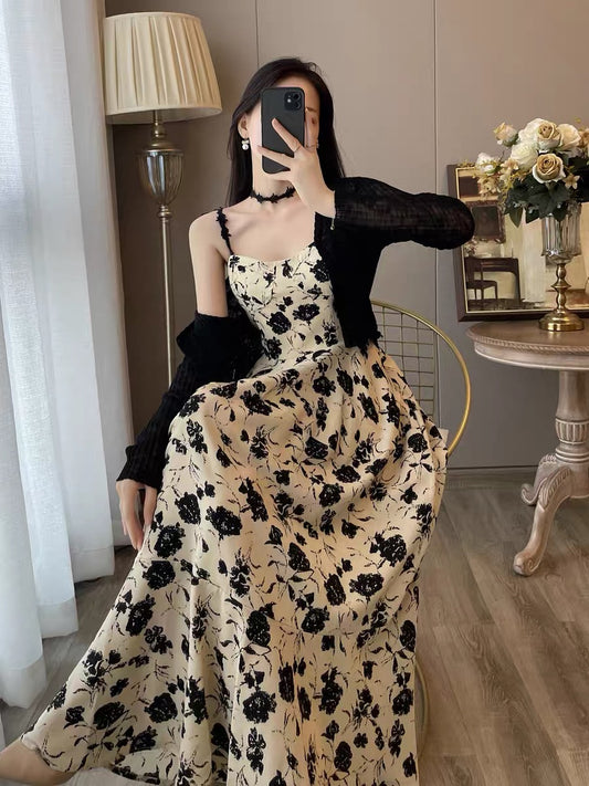 Floral suspender dress female 2022 summer new French retro Hepburn style high-end temperament two-piece suit
