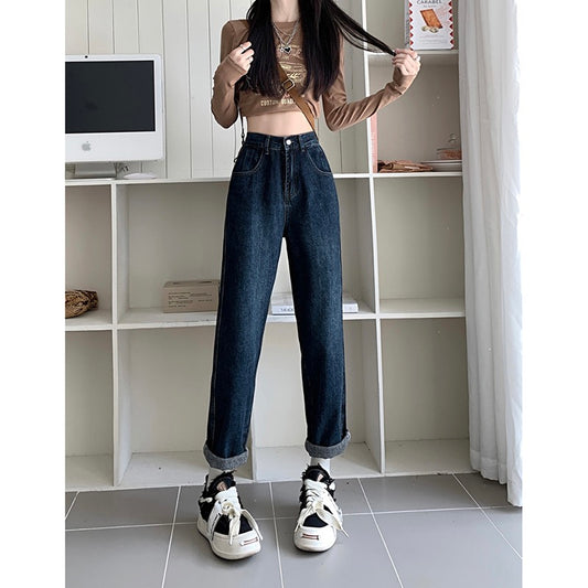 High waist loose washed jeans women's autumn and winter Korean version 2022 new dark color thin all-match straight trousers ins
