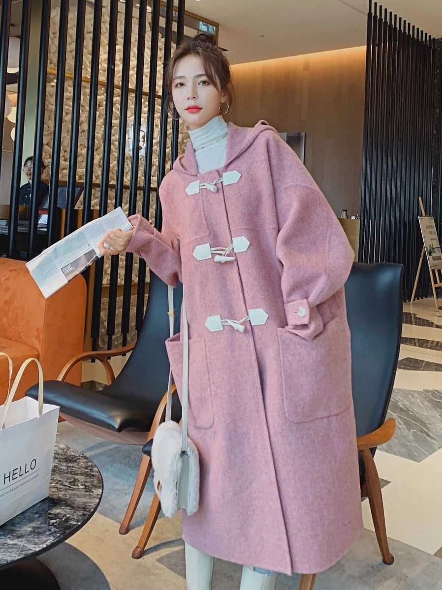 Pink cocoon-shaped woolen coat women's autumn and winter mid-length 2022 new Hepburn style fashion temperament woolen coat