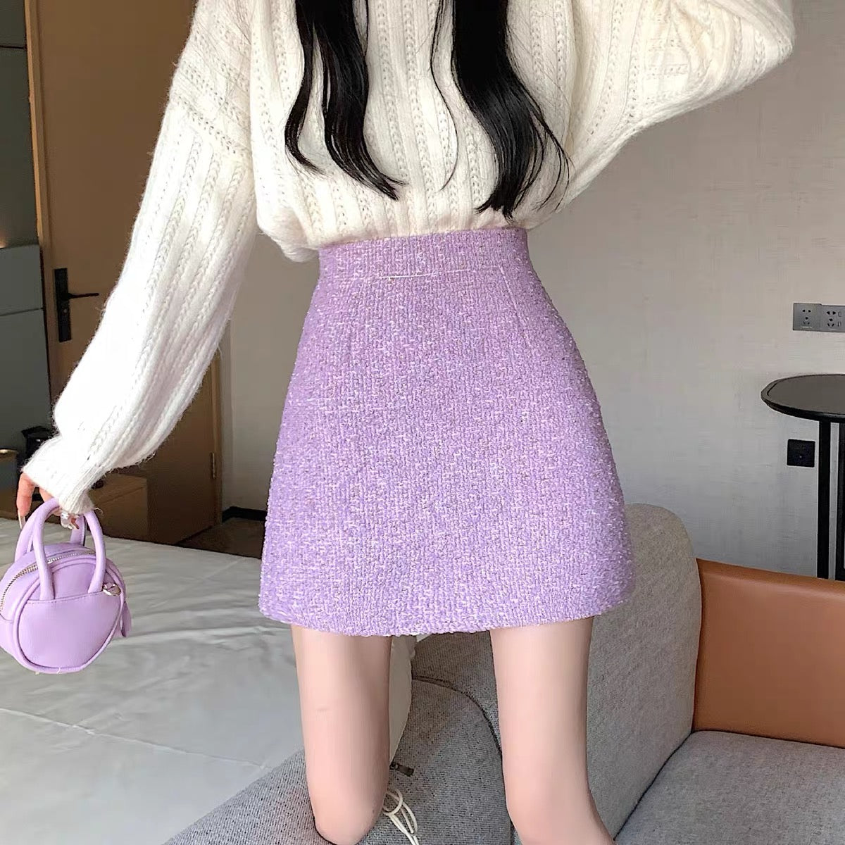 Autumn and winter with sweater skirt femininity celebrity small fragrance bag hip skirt small high waist a-line short skirt