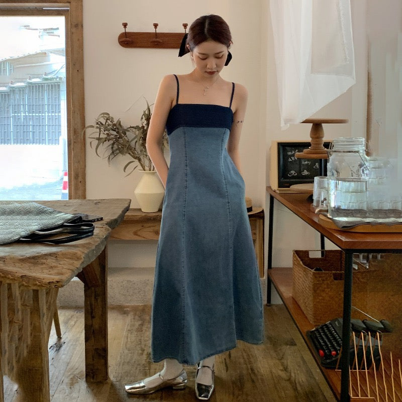 High-end temperament contrast color waist denim suspender dress women's summer new niche chic mid-length skirt