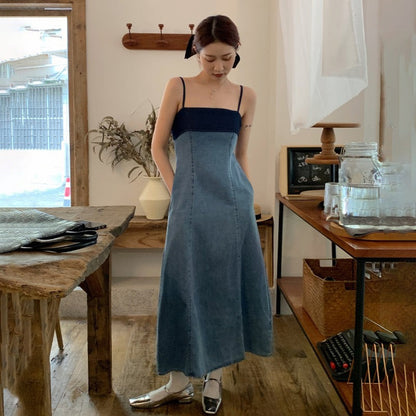 High-end temperament contrast color waist denim suspender dress women's summer new niche chic mid-length skirt