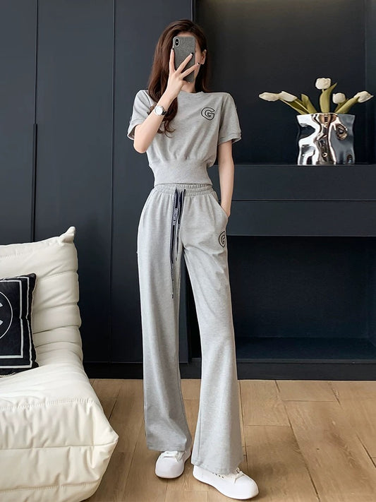 Fried Street Salt Wide Leg Pants Casual Suit Women's Summer 2022 New Waist Show Thin Fashion Western Style Sports Two-piece Set