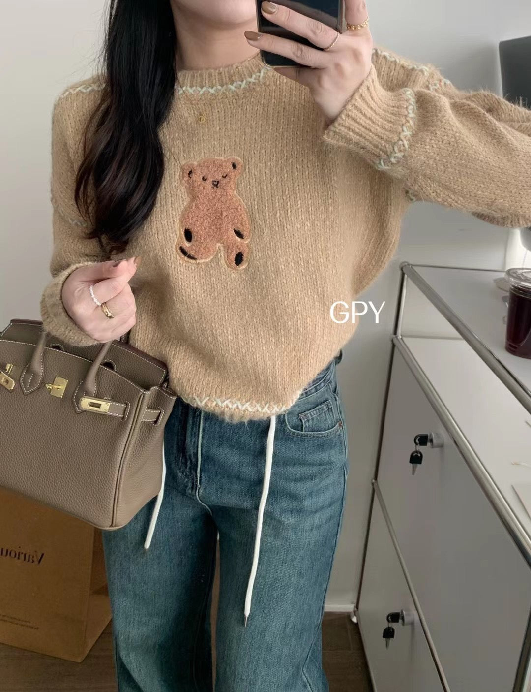 GPY autumn and winter 2022 new cute embroidered bear sweater mink fur soft round neck pullover sweater versatile